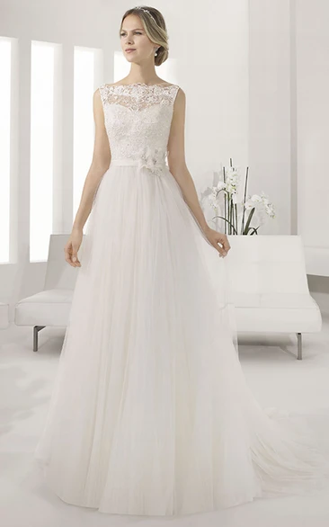 Bateau Sleeveless A-line Pleated Tulle Gown With Lace Top And Waist Flower