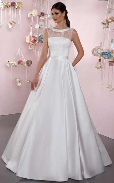 A-Line Lace Sleeveless Scoop Floor-Length Satin Wedding Dress With Lace-Up Back And Bow