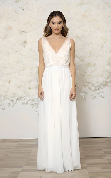 Sleeveless Floor-length V-neck A-Line Floral Lace Appliques Bride Dress with Ribbon Deep-V Back Garden