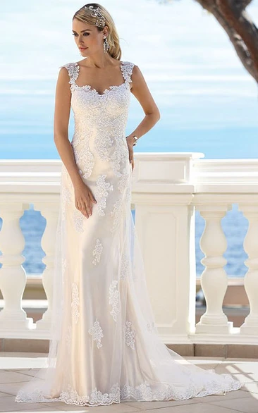 Square Maxi Appliqued Lace Wedding Dress With Court Train And V Back