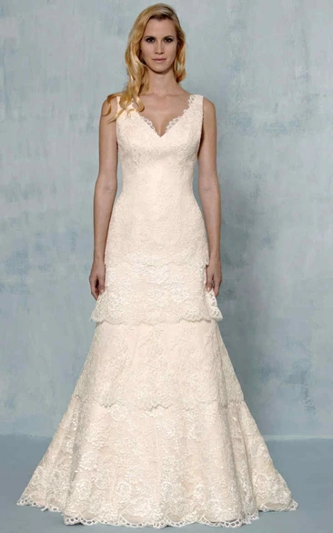 A-Line Appliqued V-Neck Sleeveless Maxi Lace Wedding Dress With Tiers