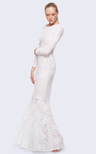 Sheath Floor-Length Jewel-Neck Long-Sleeve Lace Wedding Dress With Straps