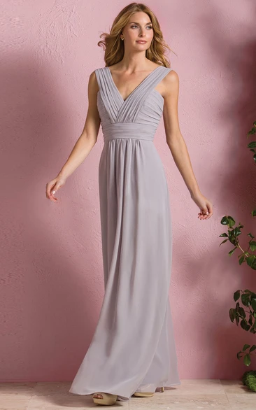 Modern V-Neck Sleeveless Long Gown With Pleats