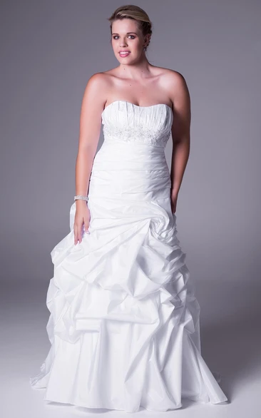 Strapless Appliqued Satin Plus Size Wedding Dress With Ruffles And Sweep Train
