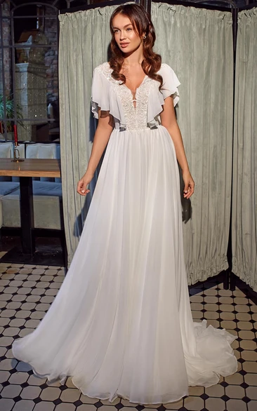 Elegant A-Line Chiffon Plunging Neck Sweep Train Short Sleeve Wedding Dress