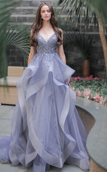 Sleeveless Tulle A-Line Evening Dress with V-neck Modern and Elegant Wedding Dress