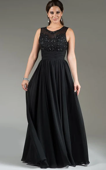 Scoop Neck Applique Top Chiffon Long Mother Of The Bride Dress With Crystal Details
