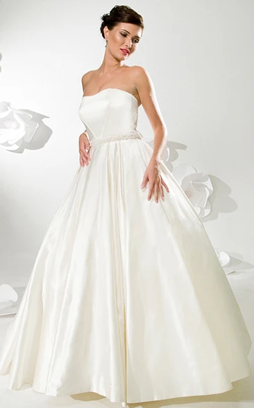 A-Line Sleeveless Floor-Length Jeweled Strapless Satin Wedding Dress With Backless Style