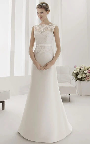 Lace Top Sheath Satin Bridal Gown With Belt