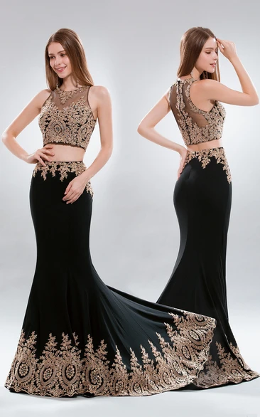 Two-Piece Sheath Long Jewel-Neck Sleeveless Jersey Illusion Dress With Appliques