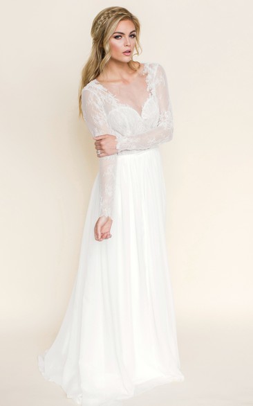 Maxi Illusion-Sleeve V-Neck Chiffon Wedding Dress With Lace And Backless Design