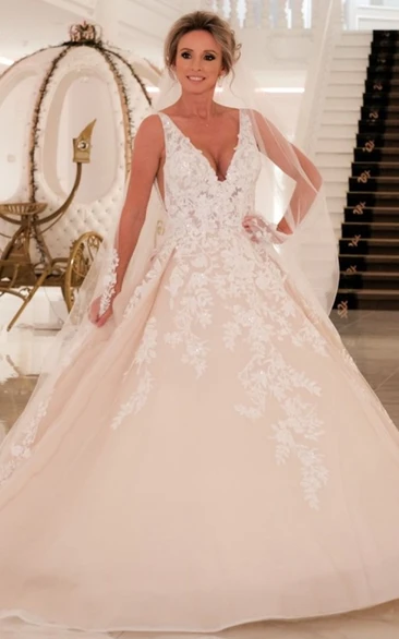 Elegant Ball Gown V-neck Tulle Wedding Dress with Appliques and Train