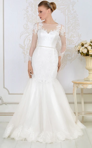 Mermaid Long-Sleeve Jewel-Neck Appliqued Floor-Length Lace&Satin Wedding Dress With Waist Jewellery