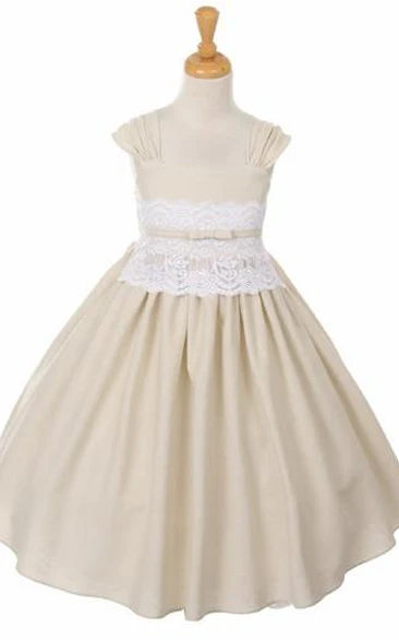 Straps Tea-Length Ruched Appliqued Lace Flower Girl Dress With Tiers