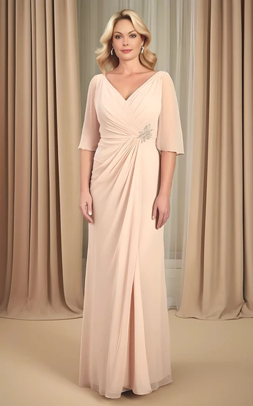 Simple Chiffon Mother of the Bride Dress with V-neck and Half Sleeves Casual and Modest