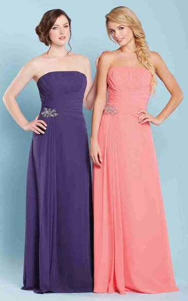 Ruched Strapless Chiffon Bridesmaid Dress With Waist Jewellery And Lace-Up