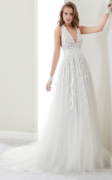 Deep-V Lace Draping Gown With Halter Strap And Illusive Lace Back