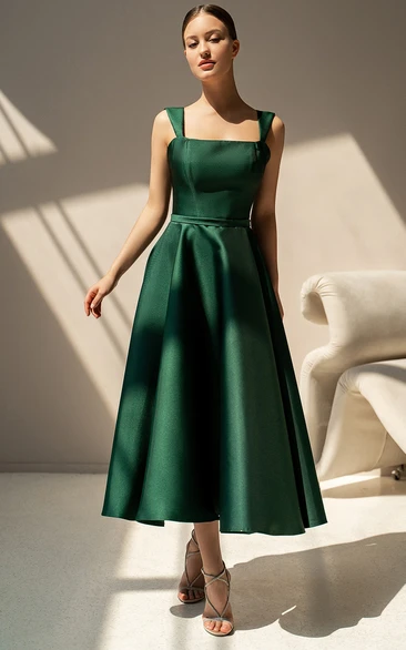 Casual A-Line Square Neck Tea-length Satin Cocktail Dress with Ruching