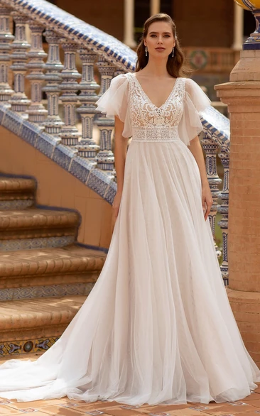 A-Line V-neck Lace Tulle Romantic Wedding Dress with Illusion Sleeve Court Train