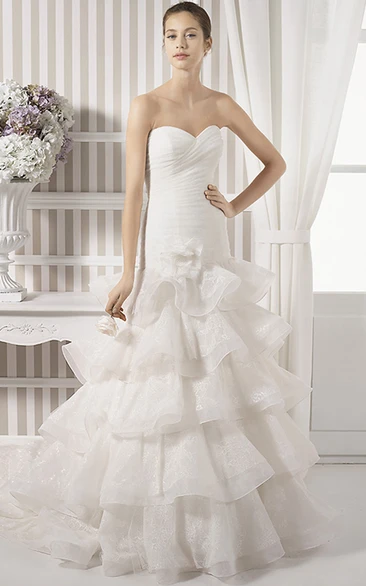 A-Line Tiered Sweetheart Organza Wedding Dress With Criss Cross And Flower