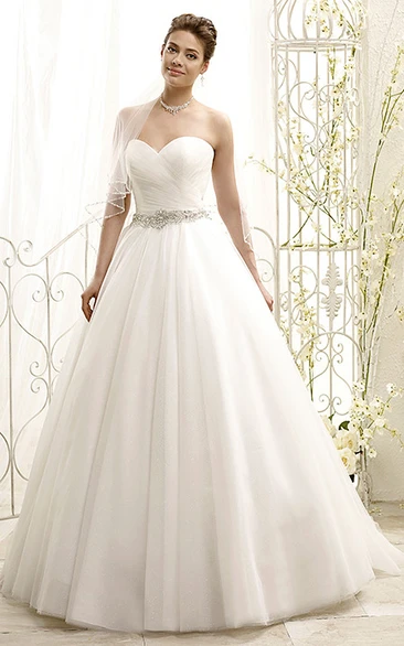 Ball Gown Sweetheart Floor-Length Jeweled Tulle Wedding Dress With Criss Cross