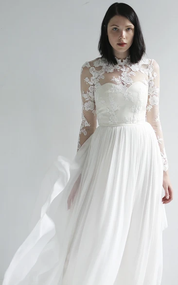Long Sleeve Illusion Lace And Chiffon High Neck Wedding Gown
