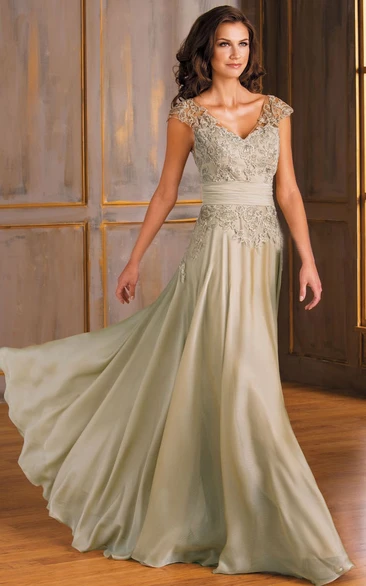 Cap-Sleeved V-Neck Long Mother Of The Bride MOB Dress With Appliques And V-Back