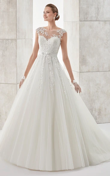 Jewel-neck A-line Wedding Dress With Cap Sleeves and Illusive Design
