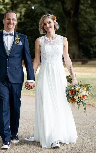 Jewel Chiffon A-Line Modest Wedding Dress Sleeveless With Brush Train