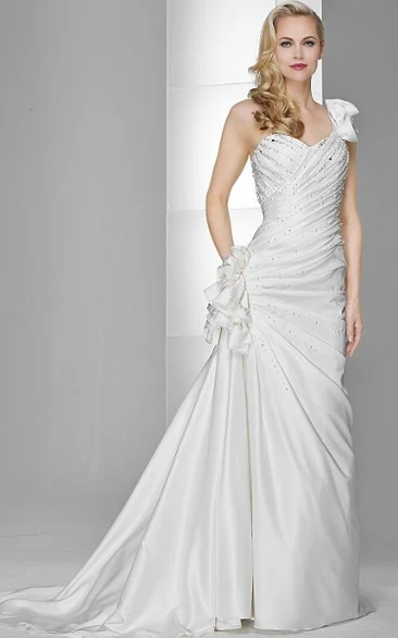 Sheath Floor-Length One-Shoulder Sleeveless Side-Draped Stretched Satin Wedding Dress With Beading And Flower