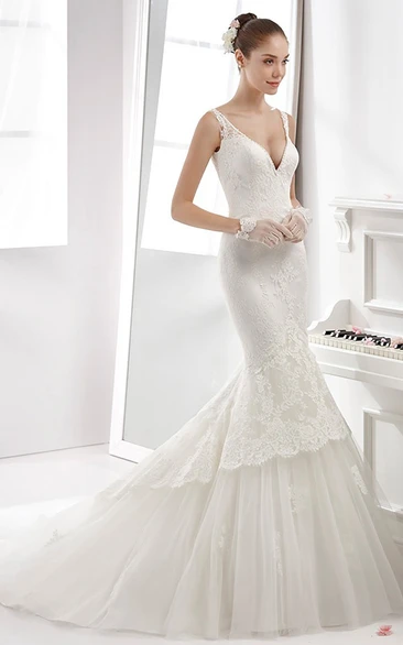 Illusion-Strap Lace Sheath Gown With Low-V Neck And Open Back