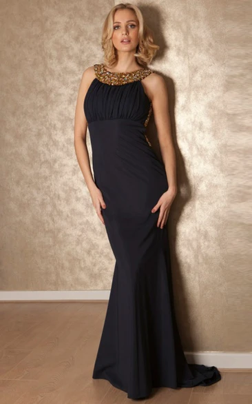 Scoop Maxi Beaded Chiffon Prom Dress With Sweep Train And Straps