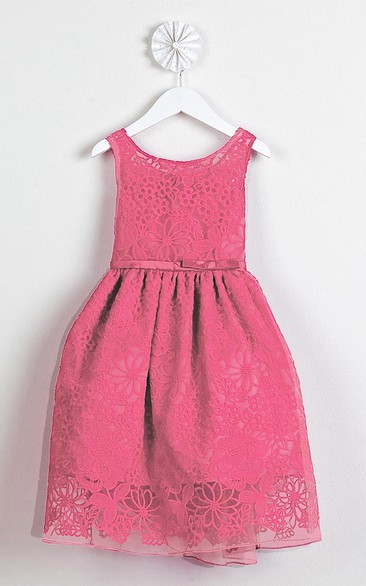 Embroideried Tea-Length Bowed Floral Organza&Satin Flower Girl Dress With Ribbon