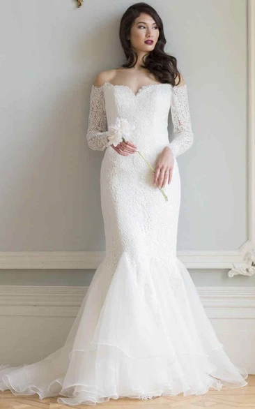 Trumpet Long Off-The-Shoulder Long-Sleeve Tiered Lace&Organza Wedding Dress With Draping And Illusion