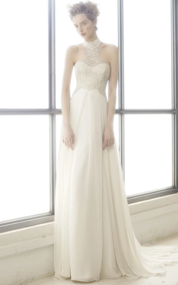 High Neck Sleeveless Lace Floor-Length Chiffon Wedding Dress With Backless Style And Pleats