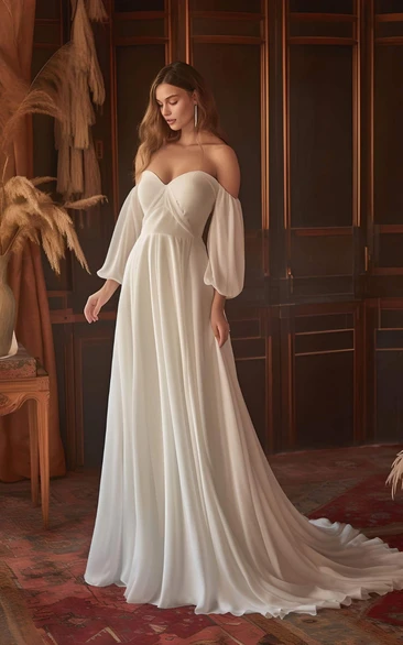 Elegant A-Line Chiffon Wedding Dress with Ruching Off-the-shoulder Country Garden Beach