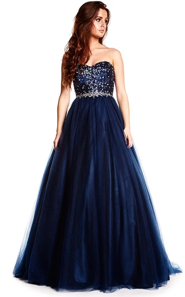 Sweetheart Floor-Length Beaded Tulle Prom Dress With Waist Jewellery And Lace Up
