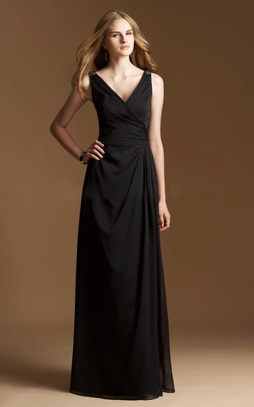 Sleeveless V-Neck A-Line Long Bridesmaid Dress With Jewels And V-Back