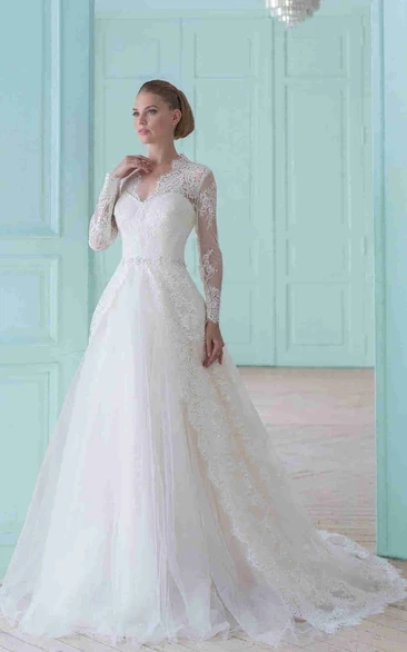 Long V-Neck Appliqued Long-Sleeve Lace Wedding Dress With Court Train And Illusion
