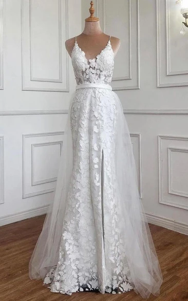 Romantic Lace Floor-length Train Sleeveless A Line Straps Prom Dress with Sash