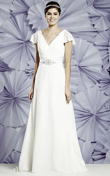 Floor-Length Ruched Poet-Sleeve V-Neck Chiffon Wedding Dress With Waist Jewellery