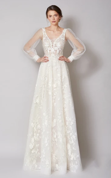 Ethereal A Line V-neck Lace Bridal Dress with Appliques