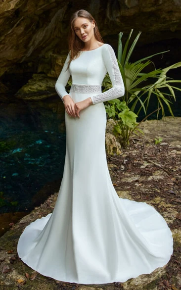 Bohemian Trumpet Satin Country Wedding Dress With Court Train And Bateau Neckline