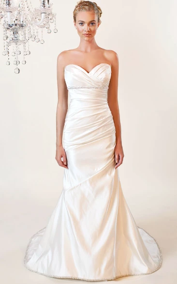 Trumpet Sweetheart Jeweled Floor-Length Taffeta Wedding Dress With Criss Cross And V Back