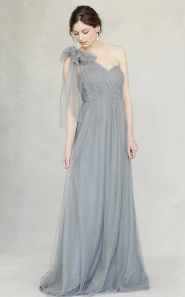 One-Shoulder Empire Sleeveless Floral Tulle Bridesmaid Dress With Straps