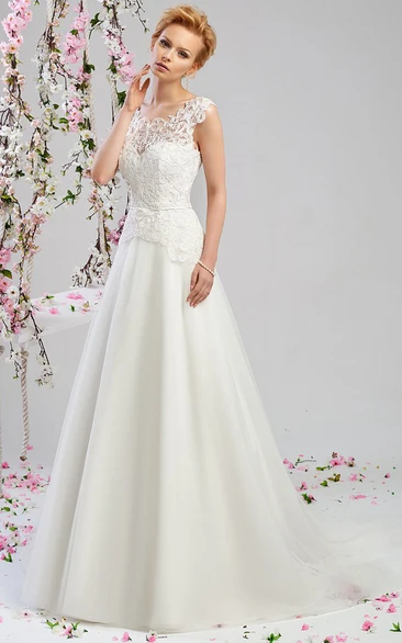 A-Line Cap-Sleeve Bateau-Neck Long Appliqued Satin&Lace Wedding Dress