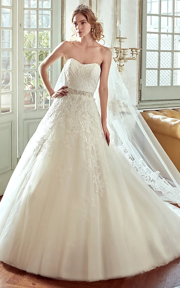 Strapless Lace A-Line Wedding Dress With Beaded Waist And Low-V Back