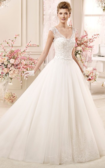 Cap sleeve A-line Wedding Gown with Lace Bodice and Keyhole Back