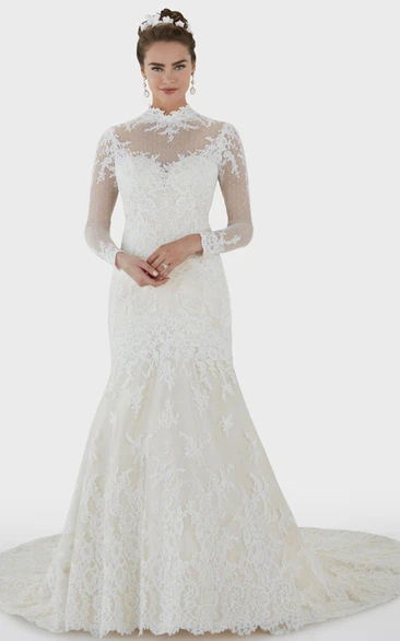 Mermaid High Neck Long-Sleeve Lace Wedding Dress With Illusion And Illusion