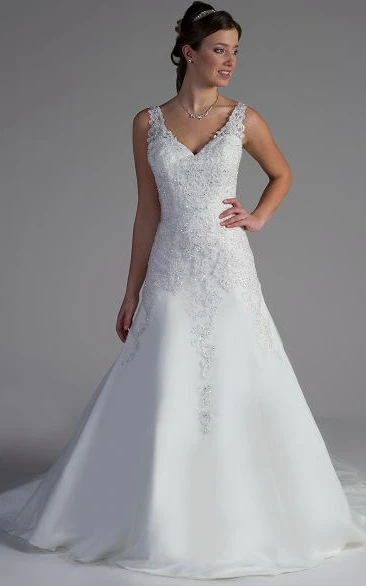 V Neck Lace Top A-Line Tulle Bridal Gown With V Back